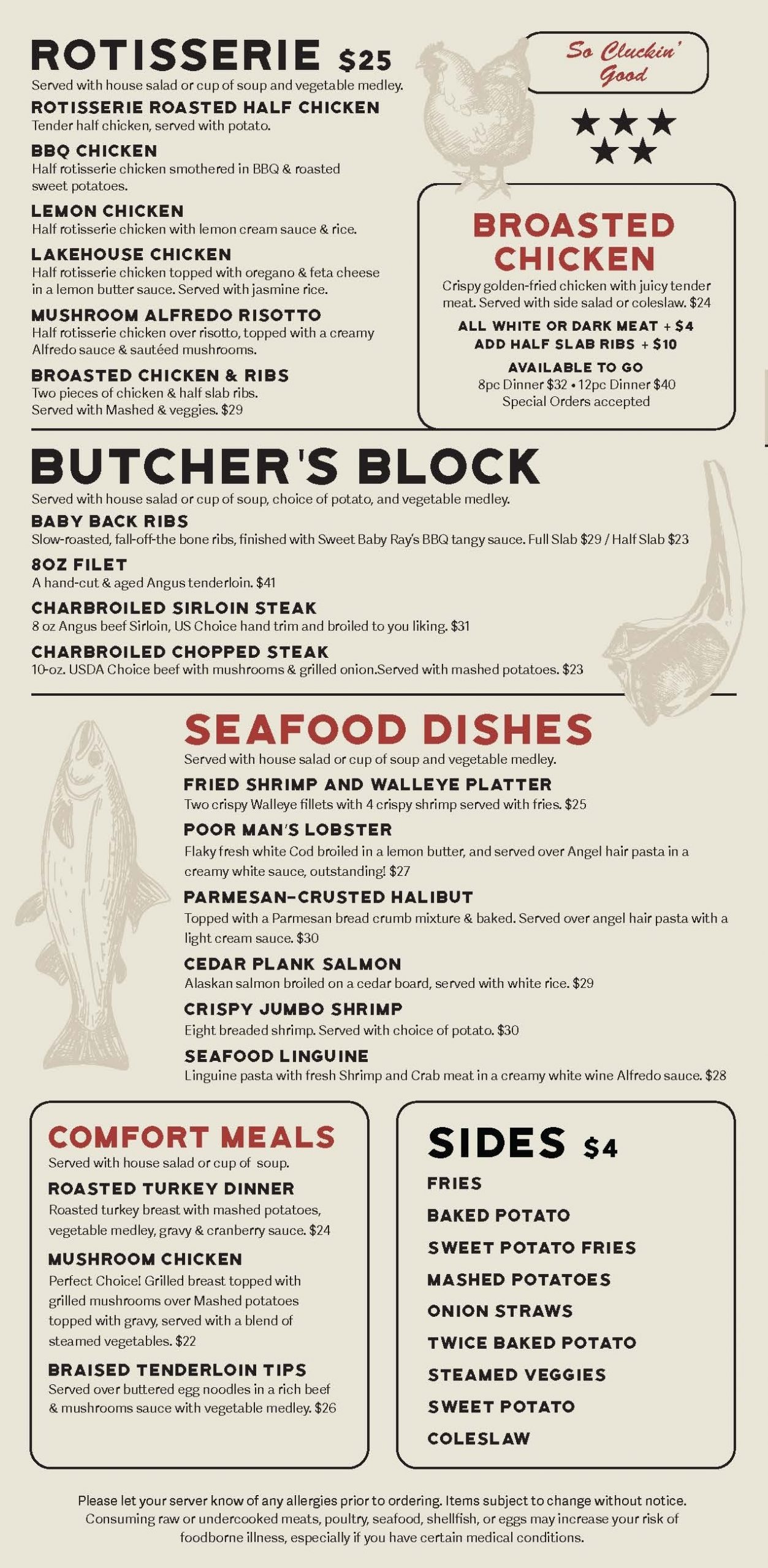 LakeHouse Rotisserie, Burcher's Block, Seafood, Comfort Meals and Sides